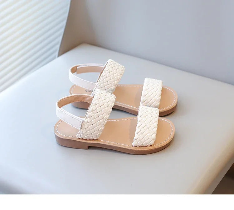 Kids Sandals for Girls 2024 Summer Girls Weave Design Sandals Children Beach Shoes Open Toes Flat Anti-skid Rubber Ankle Strap