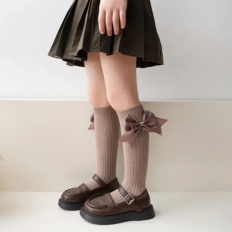 Calcetines largos con lazo para niñas, Calcetines de moda española de colores sólidos para niña, de primavera y otoño, estilo uniforme escolar
