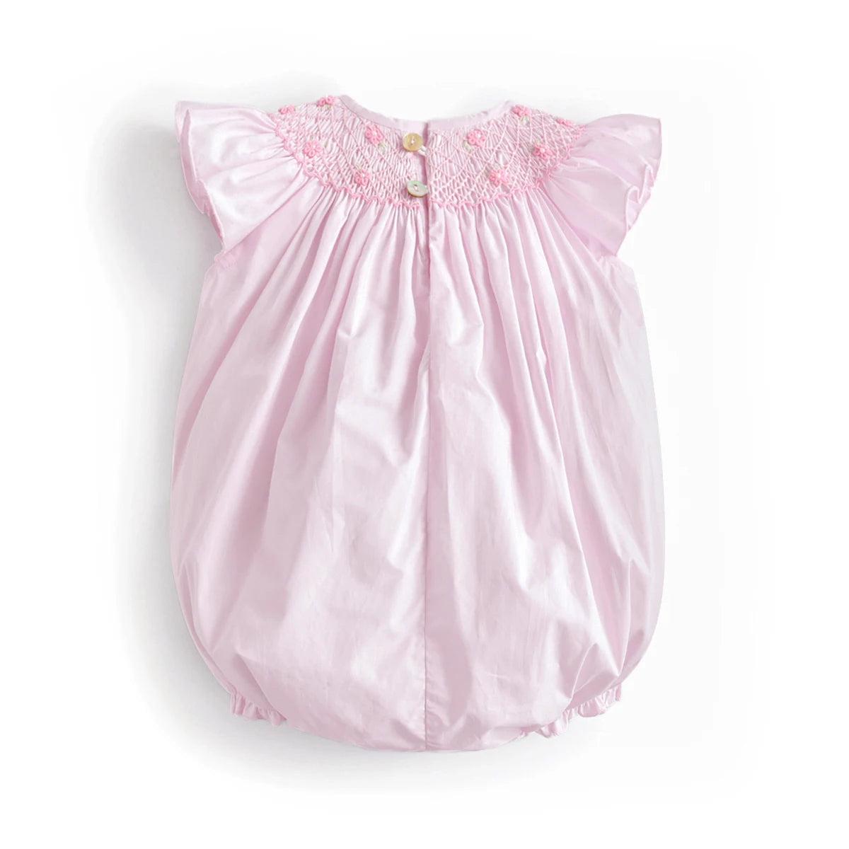 Mameluco clásico rosa bordado punto smock para bebé recién nacida y niñas, bombacho de boutique moda española, en algodón, fresco y preciosos para primavera y verano.