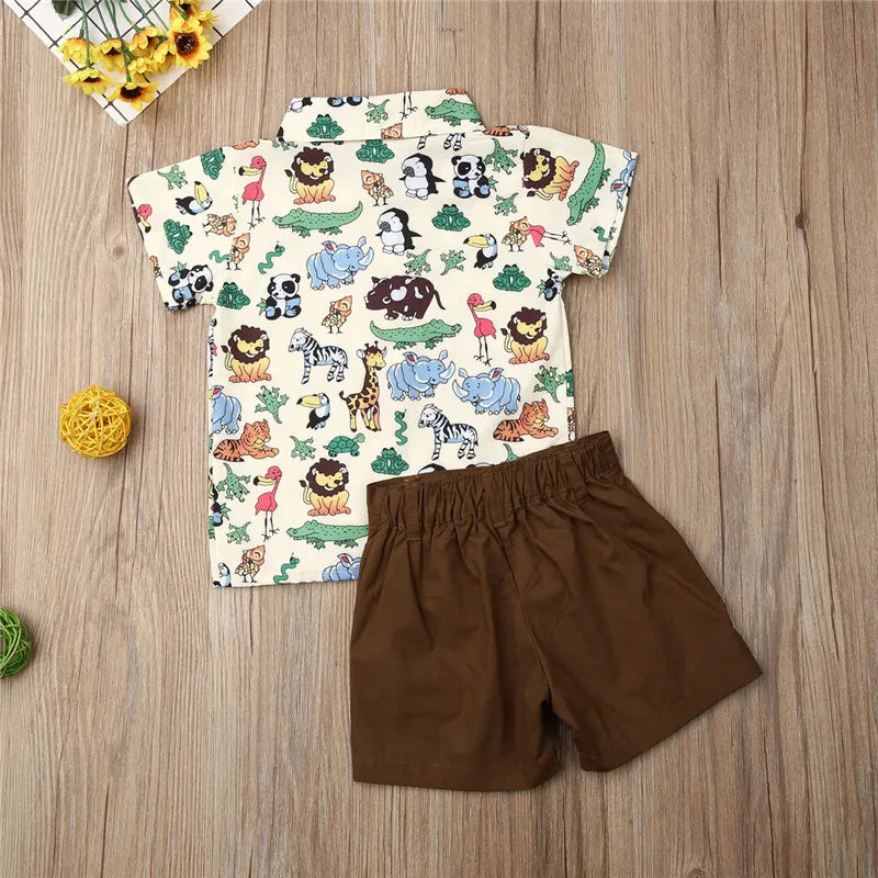 Conjunto de ropa para niños, camisa con diseño de mono y tigre, pantalones cortos verdes para verano