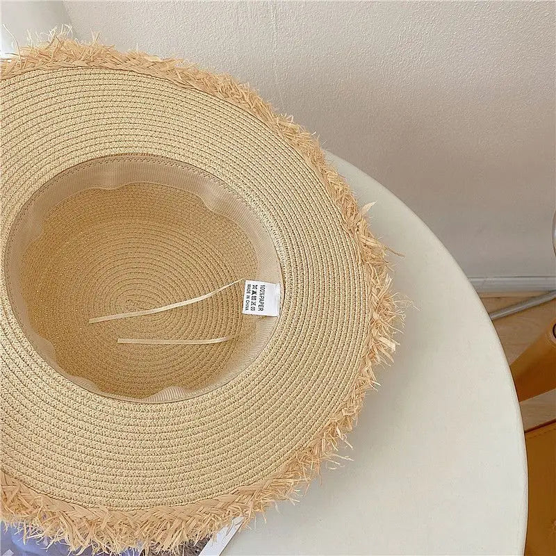 Beach HatJapanese Everything Hairy Edge Straw Hat Female Summer Flat Top Outing Sun Hat Small Fresh Bow Sun Shade Beach Hat