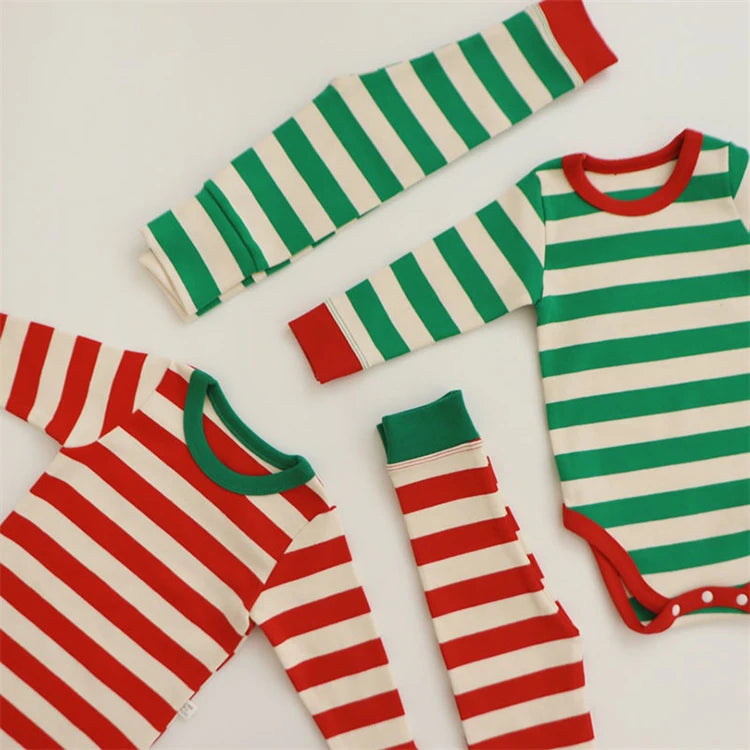 Pure Cotton Baby Pajamas Sets Red Green Striped Infant Boy Girl Pyjamas Romper Pants 2pcs Sets Long Johns For Christmas New Year