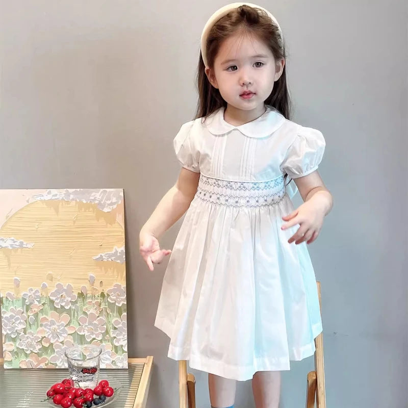 Vestido blanco de verano para niñas estilo español bordado punto smock hecho a mano, con bombacho a juego, para cumpleaños, fiesta y bautizo