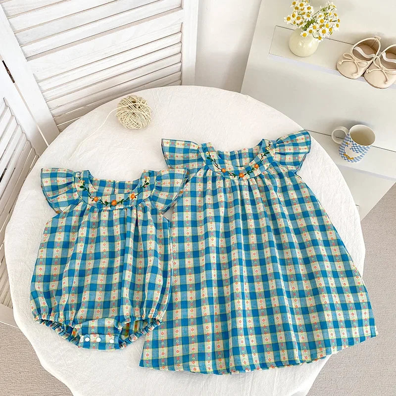 Vestido de estilo coreano para niña, bombacho a cuadros de verano para niña, Ideal para hermanas