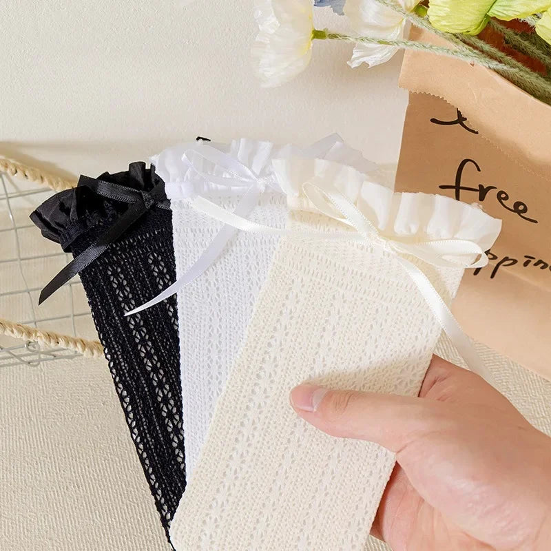 Medias de encaje de tubo largo para niñas, calcetín de malla con patrón Jacquard de agradable arco, red de pesca de Ballet para niñas, calcetines con volantes, mallas de Lolita