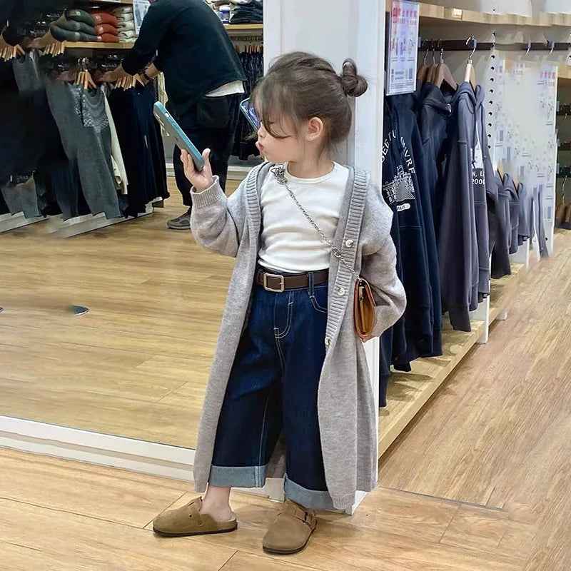Chaleco tejido largo y estándar para niña, para primavera y otoño, outfit casual para niña