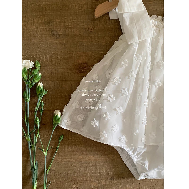 Adorable vestido de princesa con volantes y tirantes en capas, con bordado de flores blancas, para niña pequeña en alta calidad