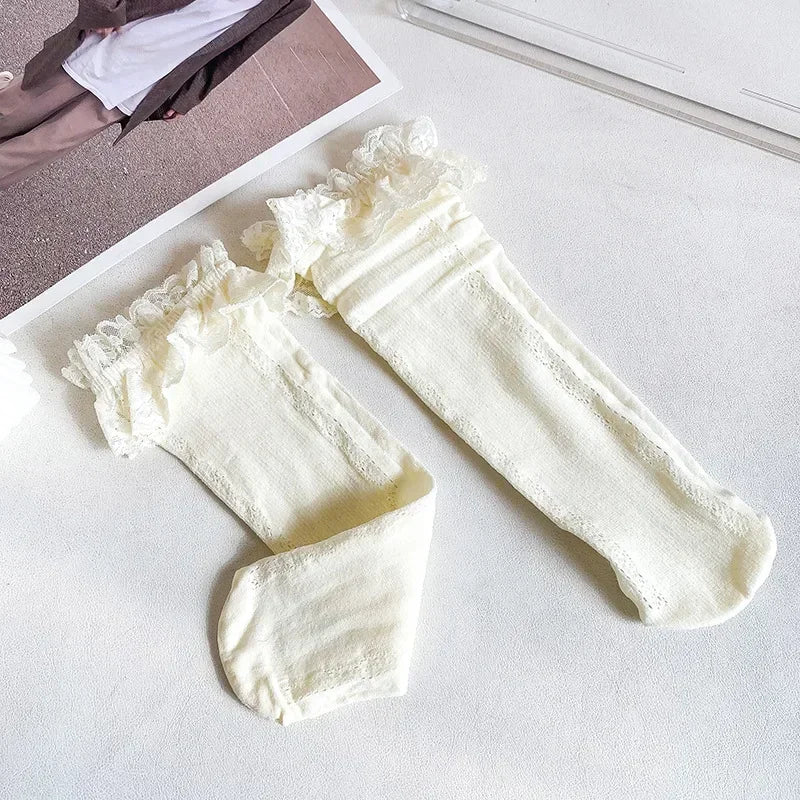 Medias con volantes de malla de encaje fino de verano, calcetines largos hasta la rodilla, blancos y negros ,con volantes para niñas y chicas adolescentes