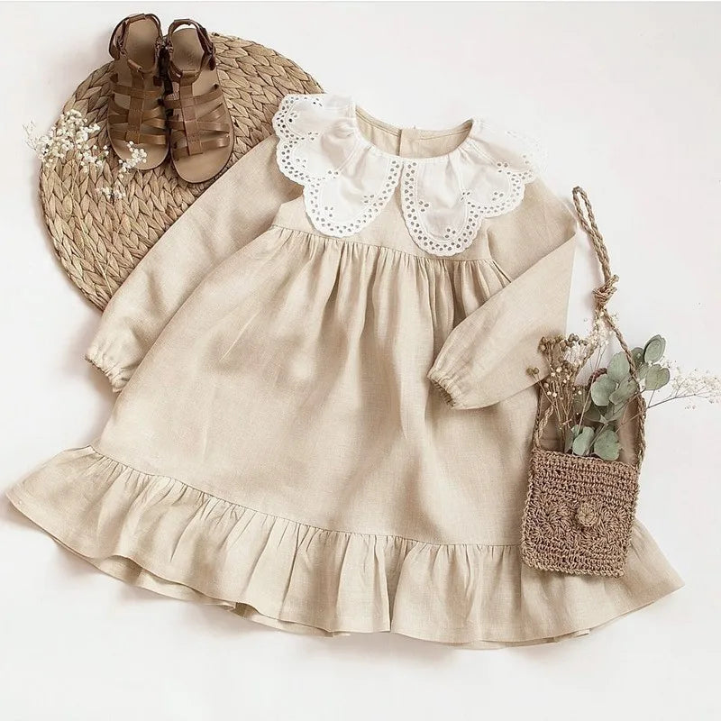 Vestido de lino y algodón para niña, vestido de manga larga de fiesta de cumpleaños moda española para niña