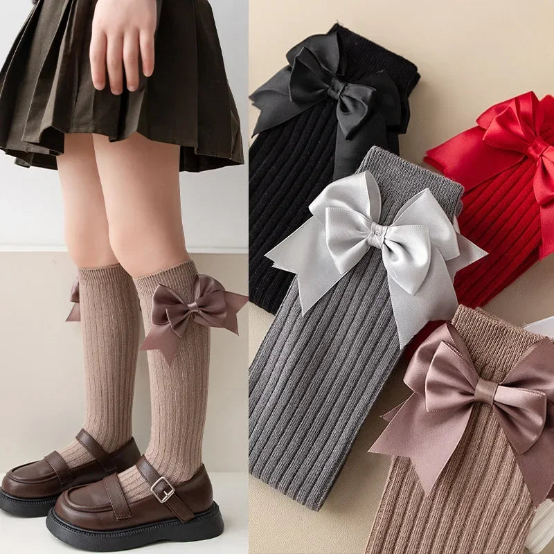 Calcetines largos con lazo para niñas, Calcetines de moda española de colores sólidos para niña, de primavera y otoño, estilo uniforme escolar