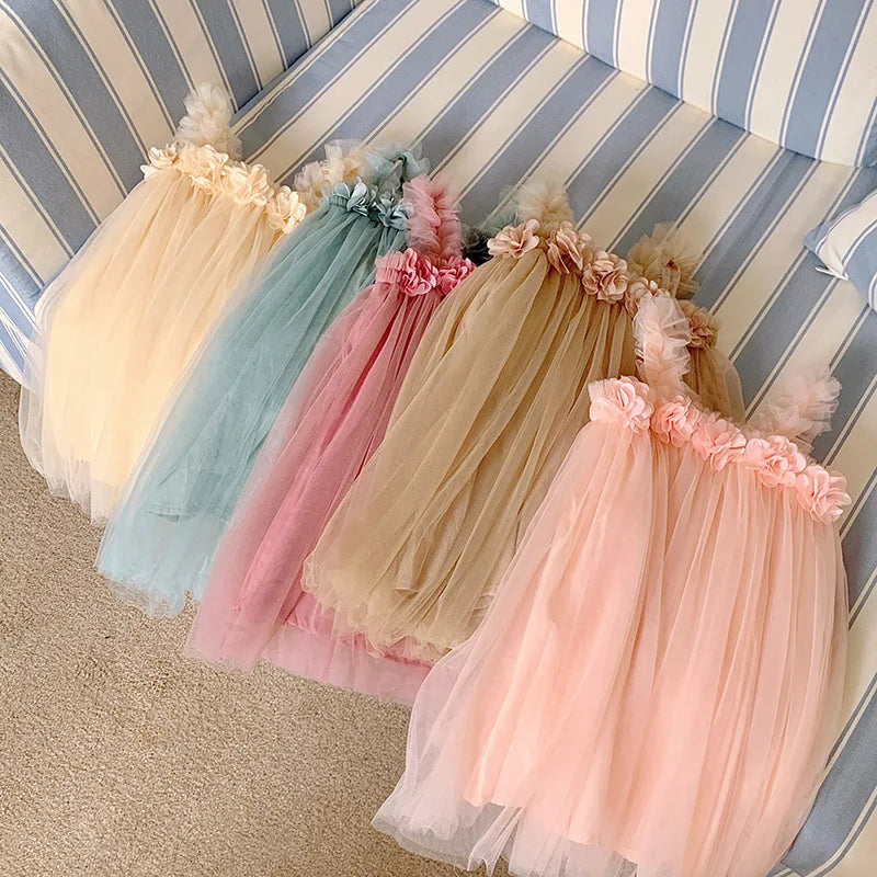 Summer Mesh Tulle Princess Slip Tutu Dresses 3D Flower Mermaid Birthday Dress for Baby Girl Clothes Sleeveless Girl Clothes