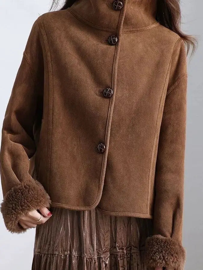 Dobbeltsidet lammeskinds læderjakke til kvinder, moderigtig vinterfrakke, elegant stil til arbejdet, slim fit...