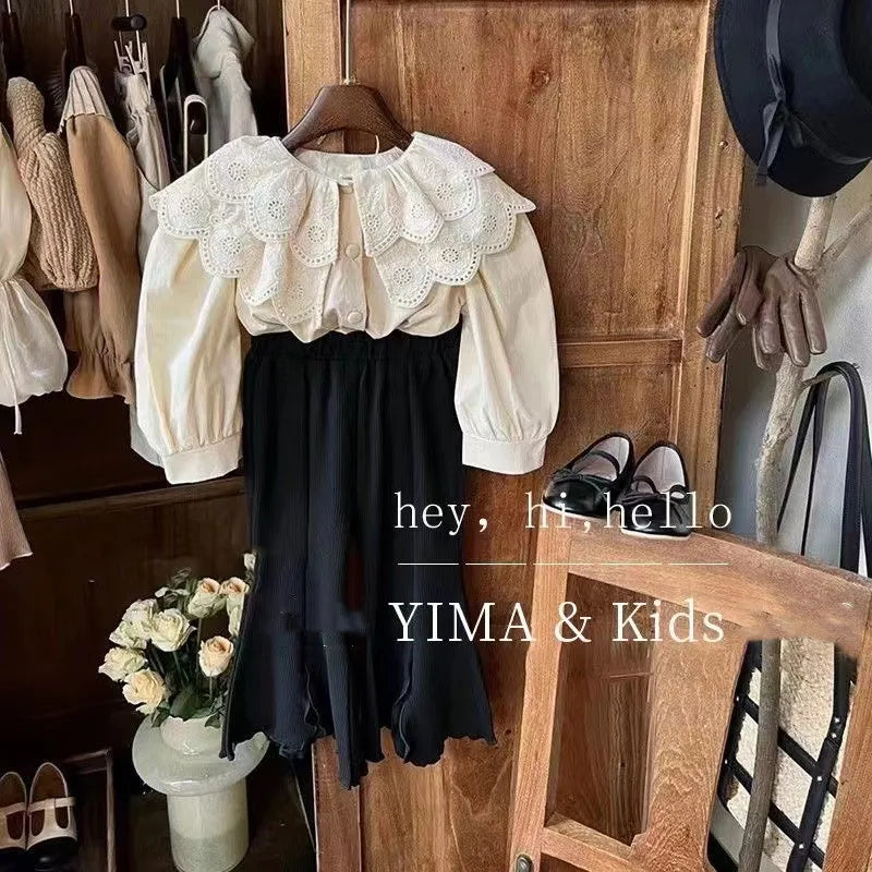 Hermosa blusa de  manga larga con cuello de brodery en volantes para niña, ropa de primavera y otoño retro, moda boutique