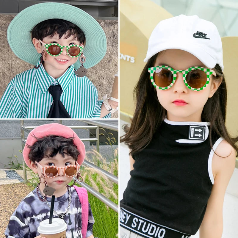 Lentes de sol para niños con diseño de cuadros bonitos y redondas con protección UV400 para niños y bebés, gafas de sol para exteriores con protección solar