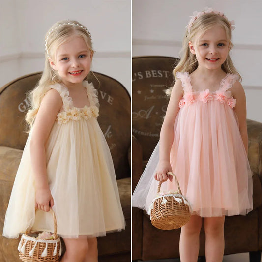 Summer Mesh Tulle Princess Slip Tutu Dresses 3D Flower Mermaid Birthday Dress for Baby Girl Clothes Sleeveless Girl Clothes