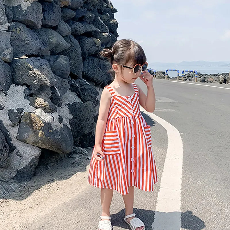 Lindo vestido sin mangas casual de algodón listado para la playa, especial para el verano para niñas