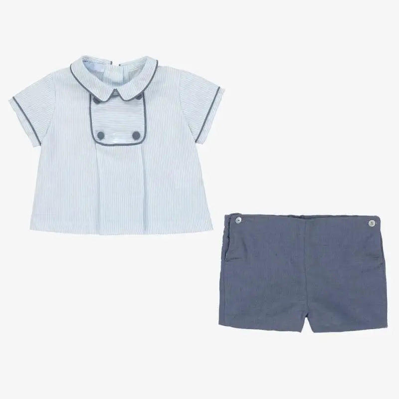 Precioso conjunto de dos piezas de verano para bebés niños, camisa con cuello vuelto con ribetes, tela a rayas, pantalones cortos para niños pequeños, algodón de alta calidad