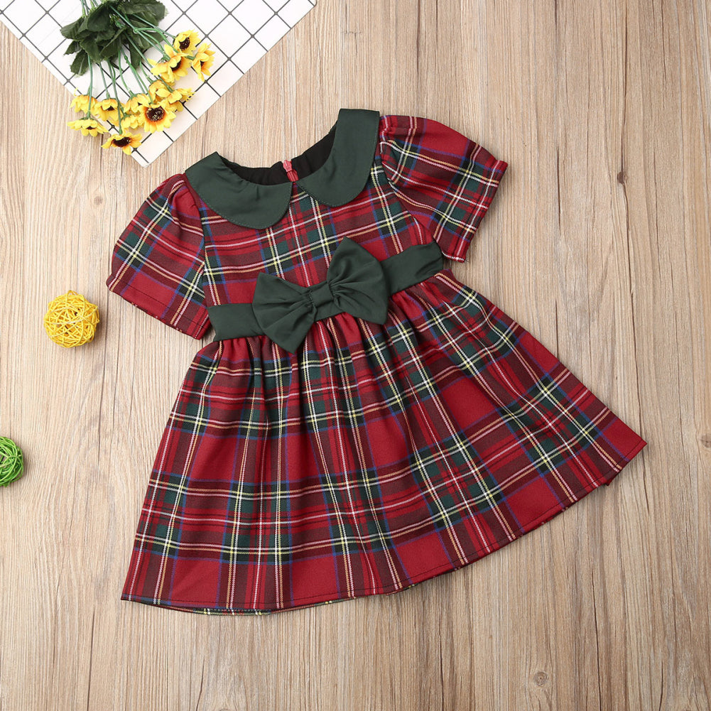 Lindo vestido navideño para niñas, vestidos de fiesta a cuadros escocés con doble lazo para niñas pequeñas, princesas, mangas cortas