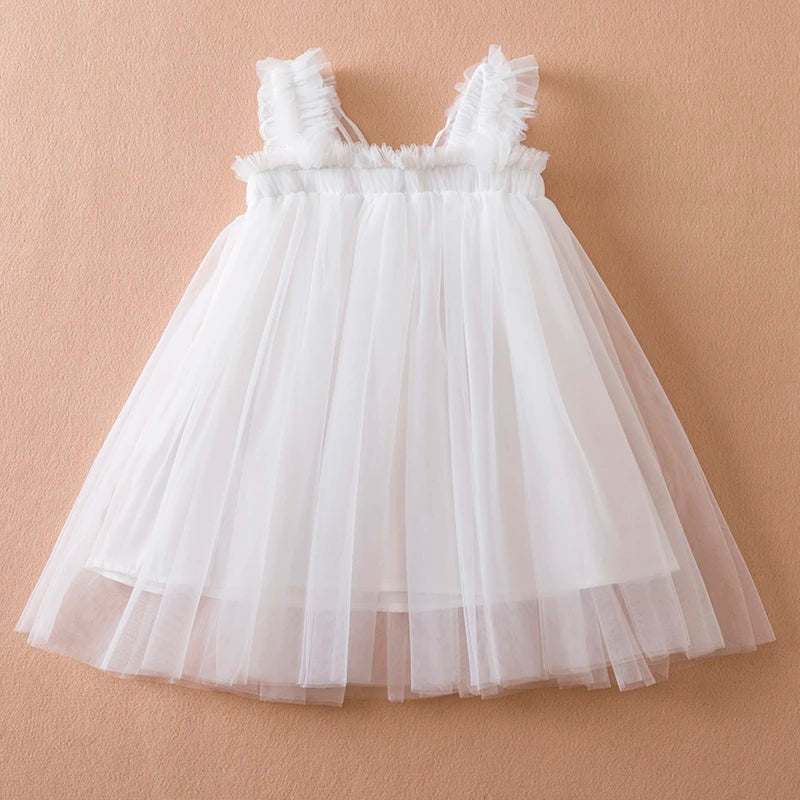 Summer New Girls' Little Flying Sleeve Dress Children's Bow Strawberry Embroidery Mesh Princess Dress Baby Girl Dress for 1-5Yrs