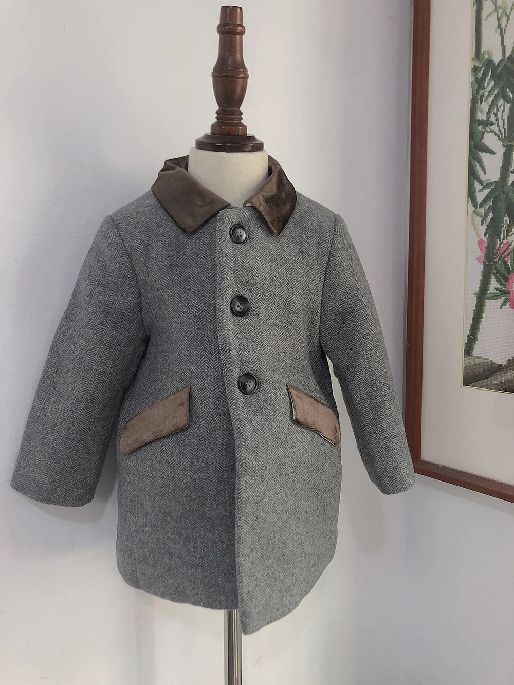 Abrigo de lana gris con estampado de espiga para niño, abrigo de invierno de boutique, Chaqueta acolchada cálida estilo británico