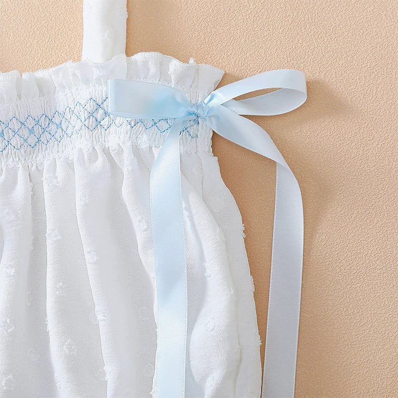 Babypiges sommerbukser, satinsløjfe blomster Jacquard ærmeløse stropper