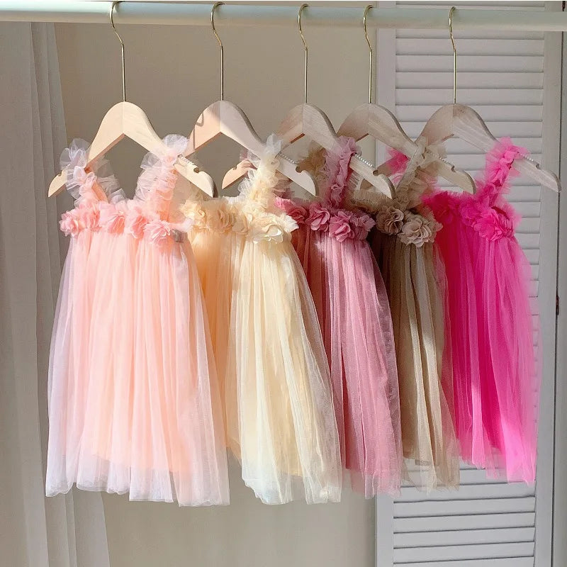 Summer Mesh Tulle Princess Slip Tutu Dresses 3D Flower Mermaid Birthday Dress for Baby Girl Clothes Sleeveless Girl Clothes