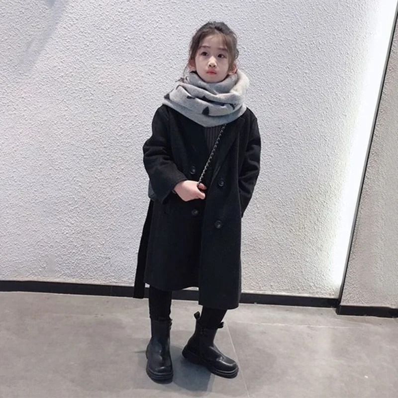 Girls Woolen Overcoat Jacket Autumn Winter New Solid Color Thick Warm Flip Collar Fashion Windbreak For 4-14Y Teen Kids Ooutwear