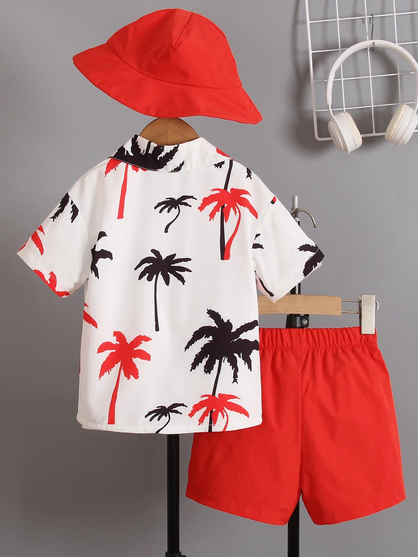 Camisa de manga corta con estampado de palmera, para vacaciones, conjunto de verano de tres piezas para niños y niñas