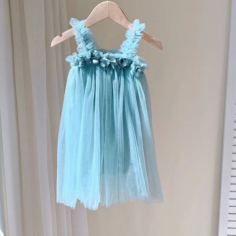 Nuevo vestido de princesa de verano para niñas con aplicaciones de flores y tirantes, de dulce belleza para niñas, en tul suave y esponjosa de falda de princesa para niñas