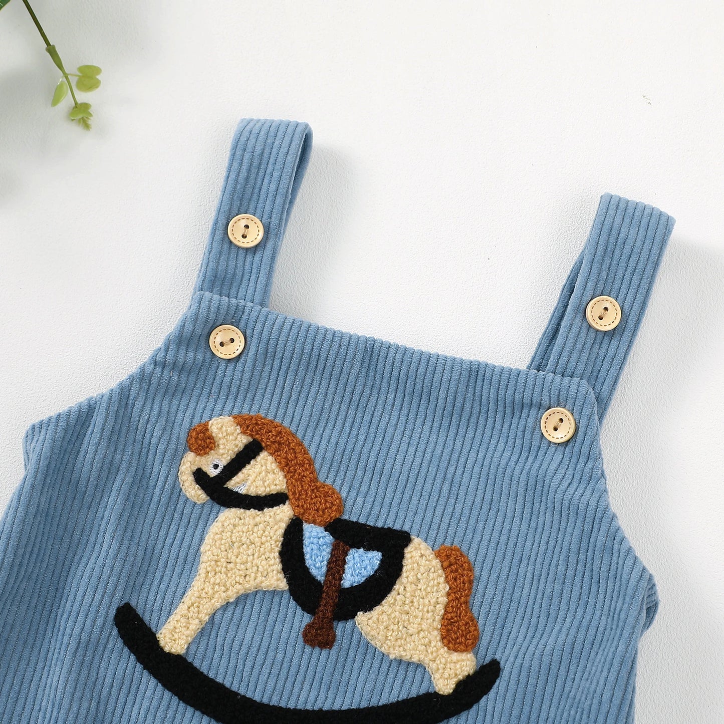 FOCUSNORM 0-18M Baby Piger Drenge Overalls Rompers Gyngehest broderi Ærmeløse fløjlsbukser til spædbørn