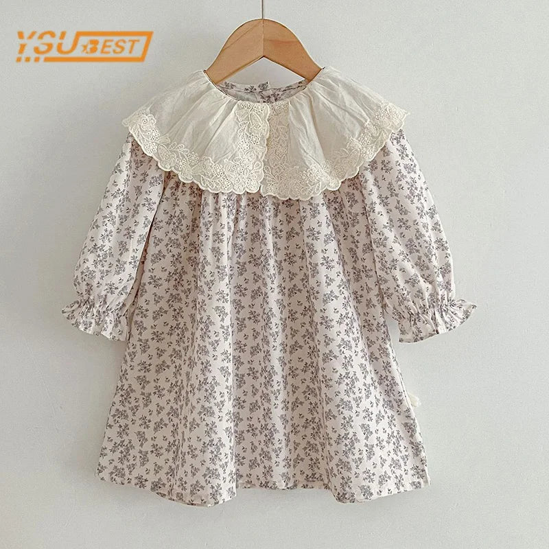 Vestido para niñas con estampado de flores, cuello amplio y bordado color crudo, de manga larga para primavera y otoño