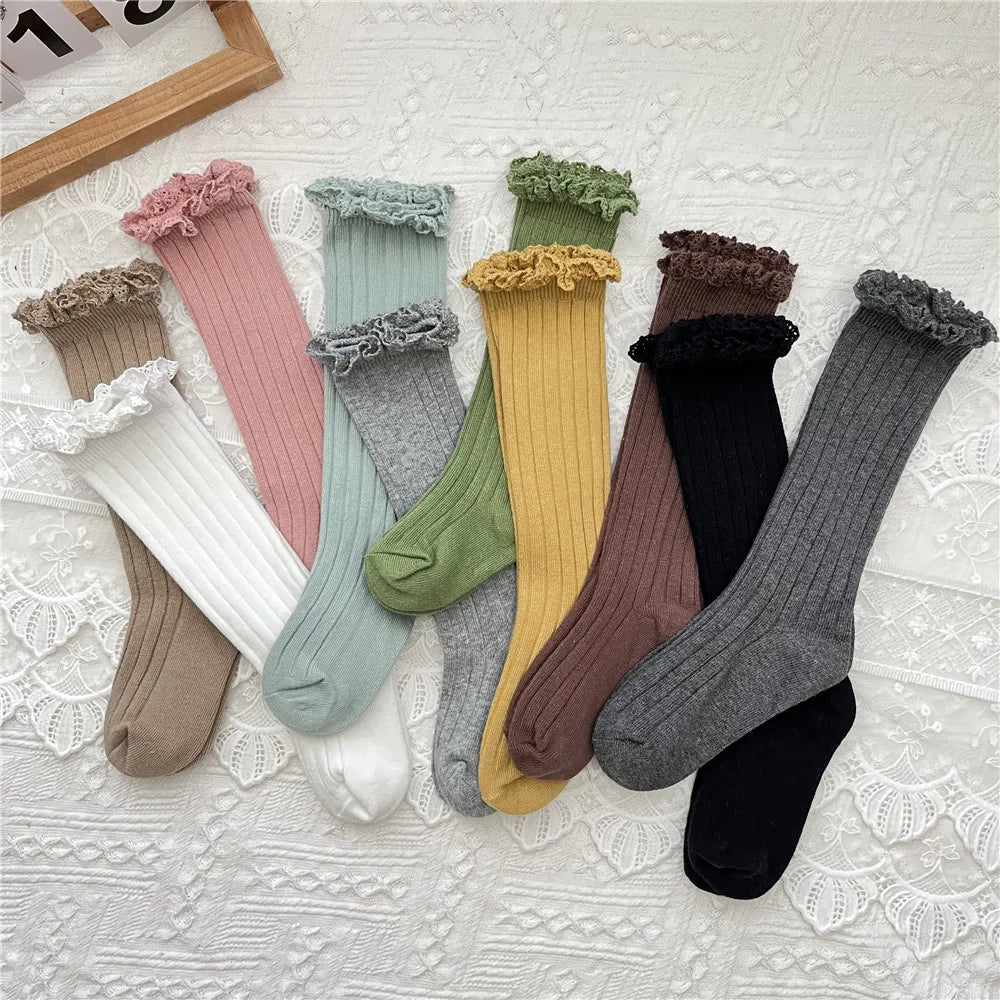 Ruffle Kids Knee High Socks Baby Girls Toddlers Long Soft Cotton Sock Lace Flower Children School Uniform Socks For 0-8 Years