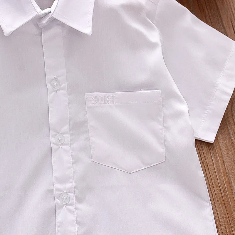 New Summer Boys Shirt Short Sleeve Button A Line Collar Simple White Shirt Light Pocket Decoration Casual