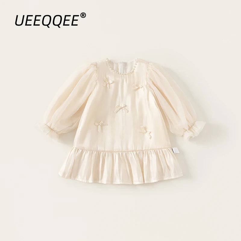 Vestidos de primavera y otoño para niñas de 1 a 10 años, con perlas y lazo, vestido de manga larga de princesa para niña, ropa estilo coreano para niñas pequeñas, vestido de Bautizo para bebé niña