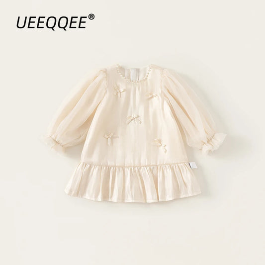 Vestidos de primavera y otoño para niñas de 1 a 10 años, con perlas y lazo, vestido de manga larga de princesa para niña, ropa estilo coreano para niñas pequeñas, vestido de Bautizo para bebé niña