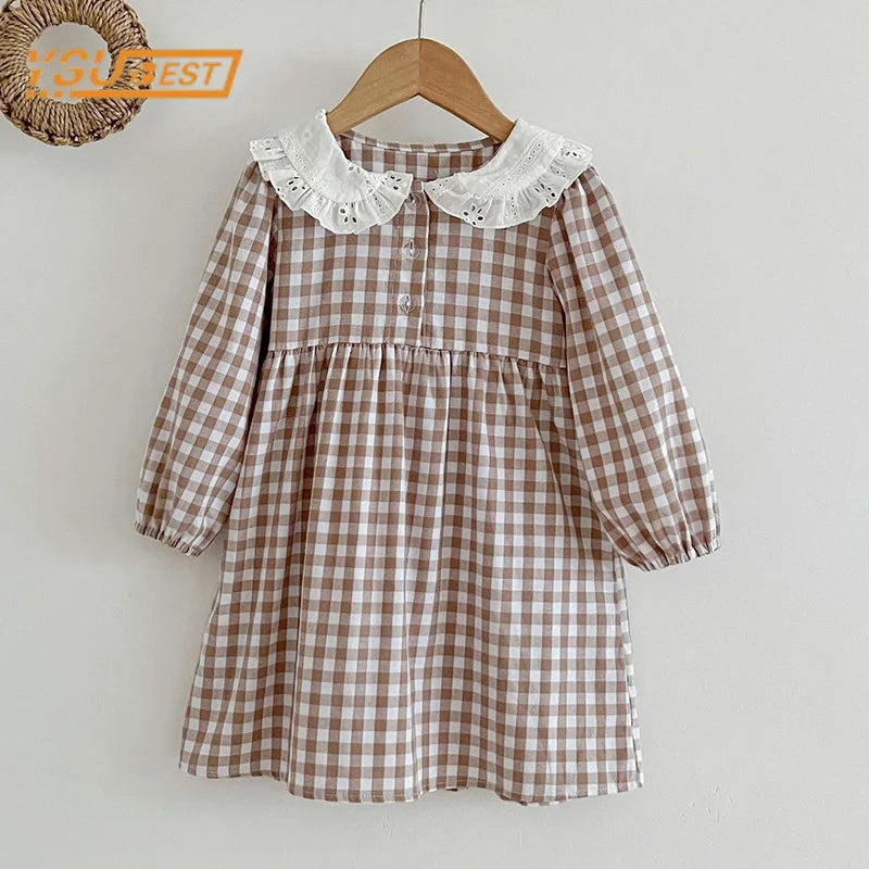 Lindo vestido campestre para niñas, en primavera, otoño, vestido de manga larga para niñas, cuadros beige con cuello blanco de muñeca en broderie