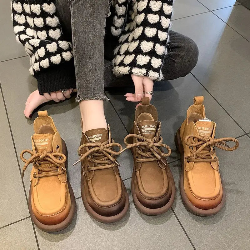 Bototos o botas cortas de cuero genuino para mujeres y adolescentes, estilo casual con cordones para mostrar tu propio estilo.