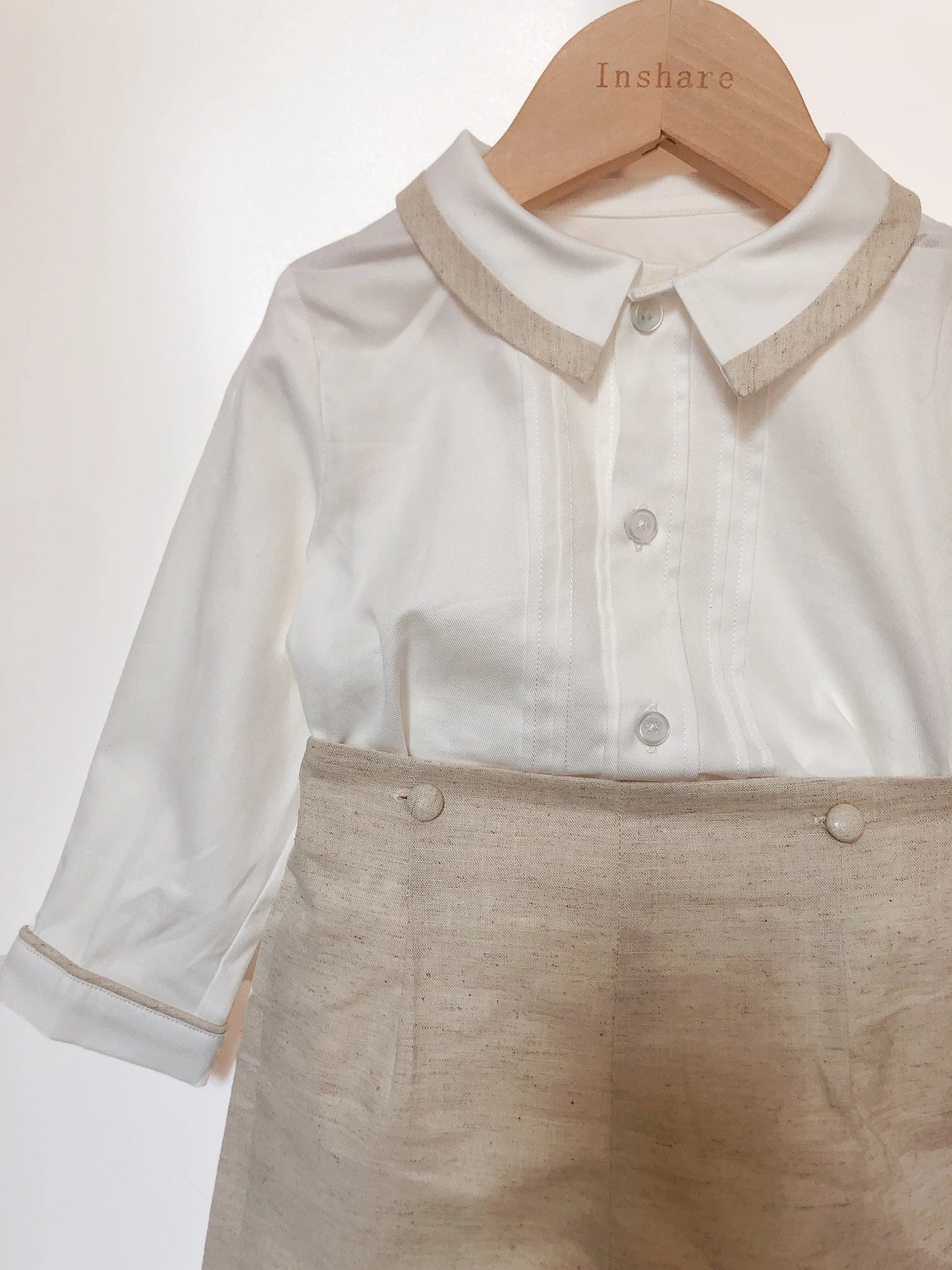 Conjunto de 2 piezas de ropa de boutique para niños, traje español de algodón y lino color caqui de manga larga, traje de bautizo y pajecito para niño