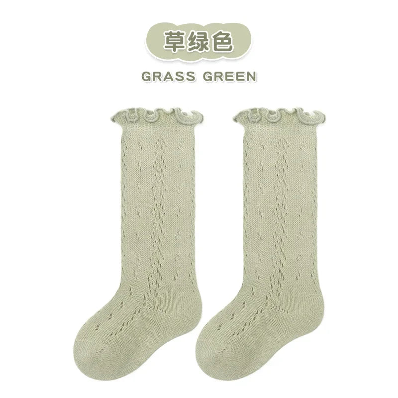 Calcetines largos hasta la rodilla con volantes para bebé y niña, de algodón suave, con encaje y flores, para recién nacidas de 0 a 3 años