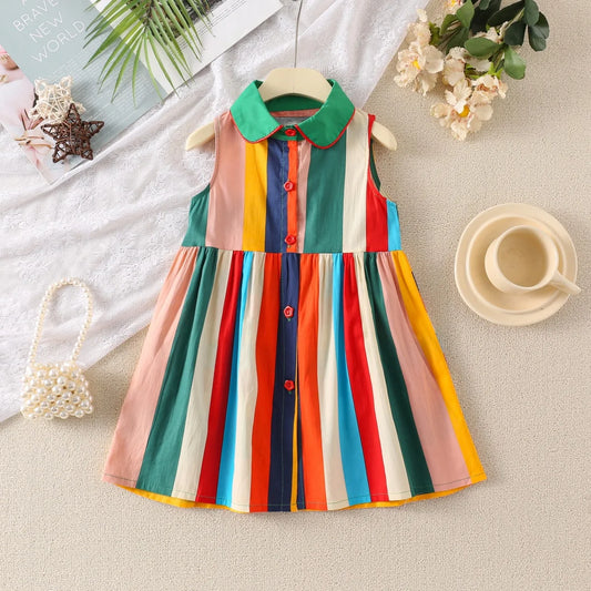 Vestido de verano Casual sin mangas para niñas, Rayas vibrante contraste de colores