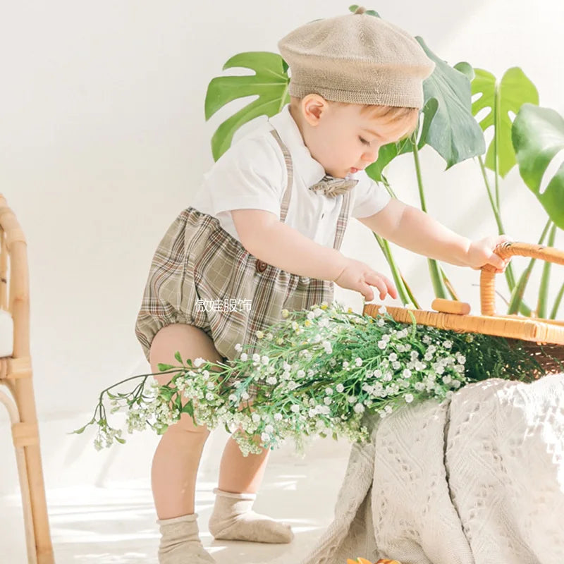 Bombacho de verano moda española para bebés, mono de manga corta, a cuadros para niños, niñas y recién nacidos