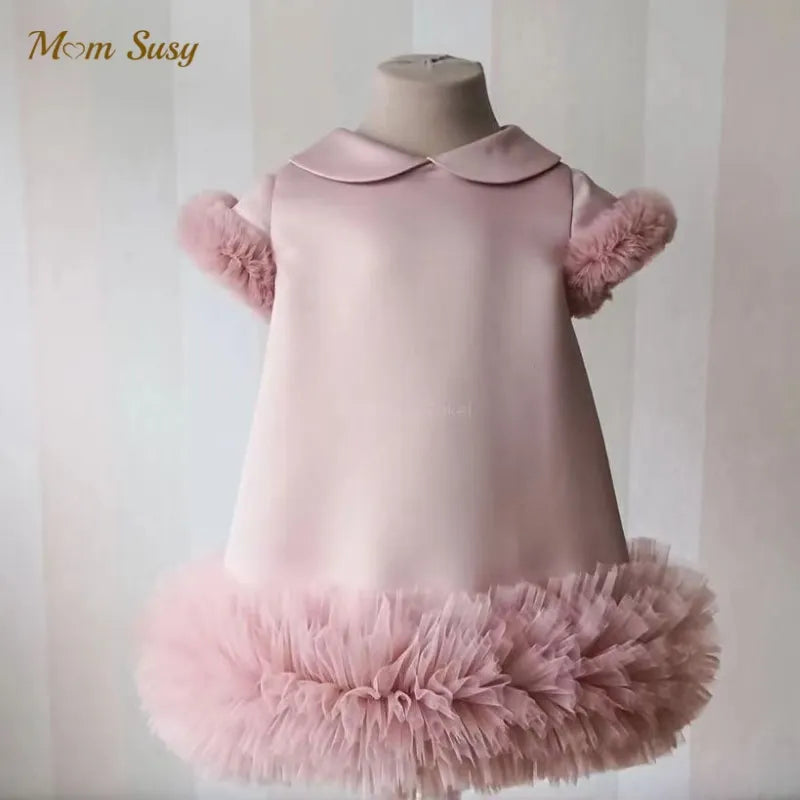 Vestido de gasa de seda de princesa para bebé niña y adolescente, Vestido de fiesta para niña, con cuello Peter Pan y manga corta