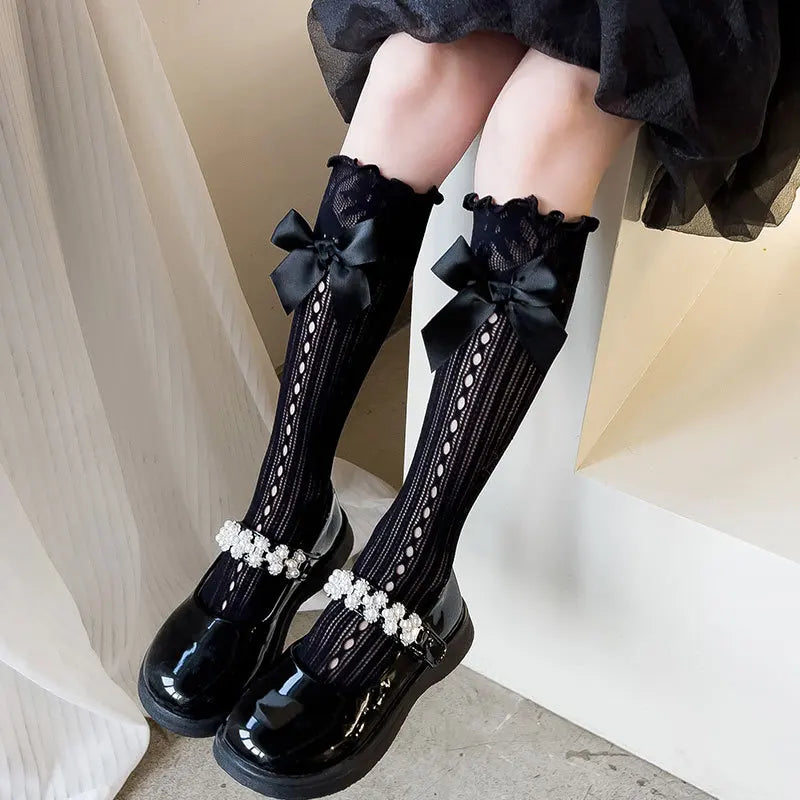 Calcetines largos hasta la rodilla para niña, calcetín fino de Lolita con lazo, uniforme escolar de princesa, para primavera y verano