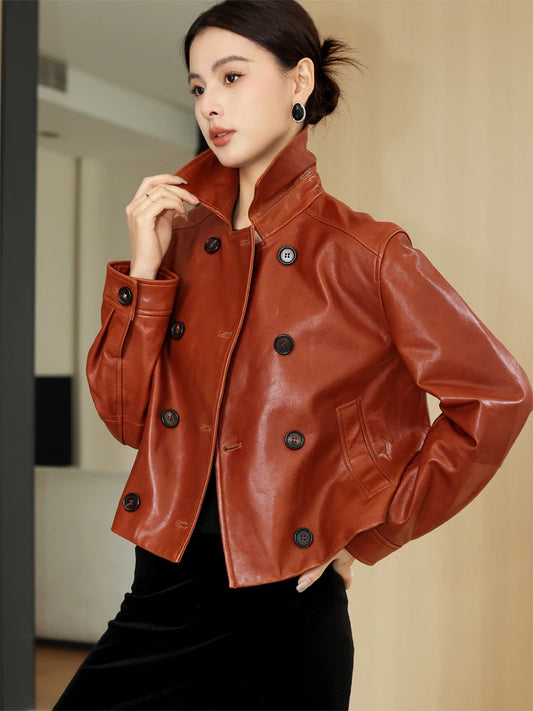 Chaqueta recortada Vintage de gama alta en piel de oveja auténtica para mujer primavera otoño