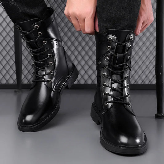 Botas tipo cuero para hombre y adolescente,  Plataforma Impermeable Cómodo Con cordones Resistente al uso Caña alta Botas de cuero para exteriores