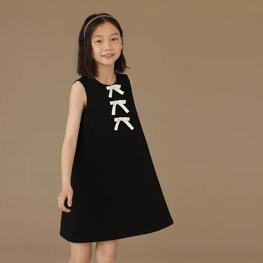 Vestido sin mangas formal para niñas, negro con coquetas cintas blancas