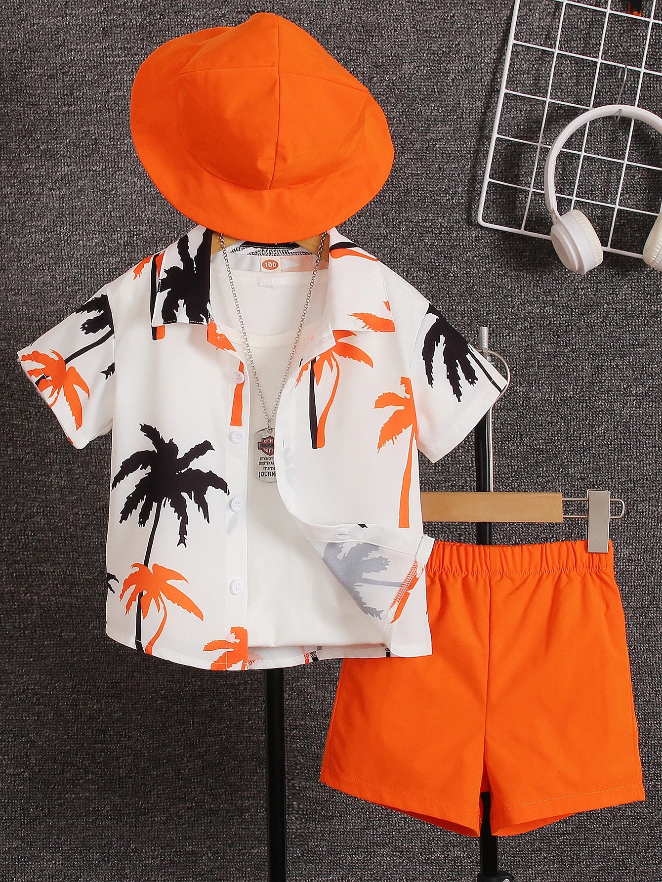 Camisa de manga corta con estampado de palmera, para vacaciones, conjunto de verano de tres piezas para niños y niñas