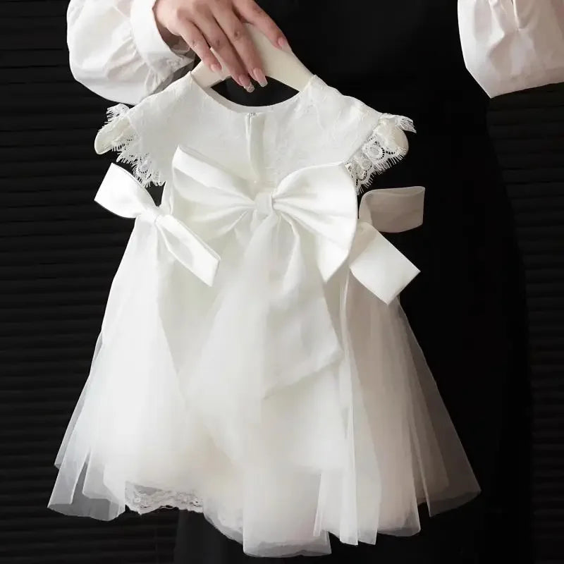 Vestido de princesa para niña, Vestido blanco de bautismo con lazo, mangas de encaje, ropa para fiesta, vestido de boda para bebé y niña