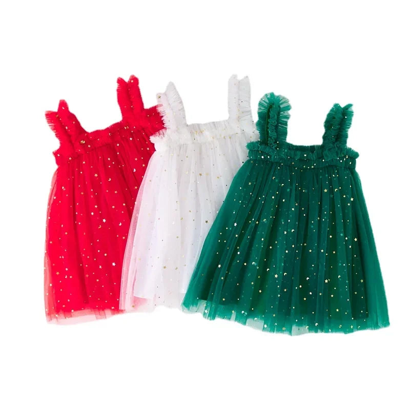 Lindo vestido de princesa de tul para niñas de Navidad, vestido de lentejuelas con estrellas para niñas pequeñas