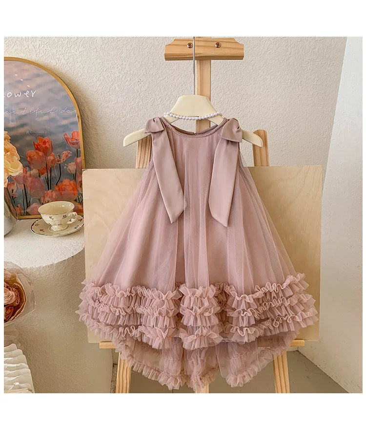 Vestido de princesa de suave tul para bebé niña y chica adolescente, vestido de verano para niñas, vestido sin mangas con lazo